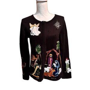 Tiara International Christmas Nativity Sweater Beaded Embroidered Size Small